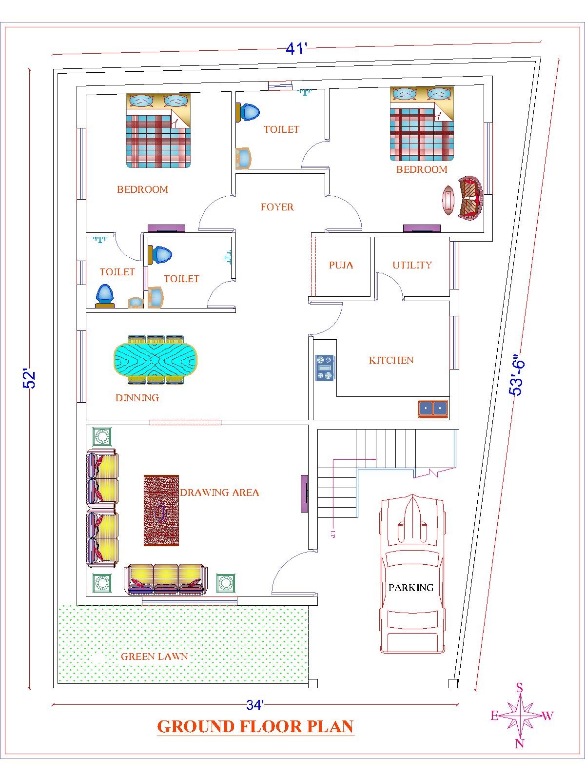 41*45 Modern House Plan| 1845 sqft North Facing House Plan |4BHK ...