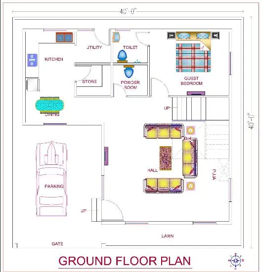 1600 Sq Ft House Plans 40x40 40x40 Duplex House Design | 1600sqft East